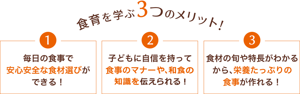 食育を学ぶ3つのメリット！1.毎日の食事で安心安全な食材選びができる！2.子どもに自信を持って食事のマナーを伝えられる！3.食材の旬や特長がわかるから、栄養たっぷりの食事が作れる！